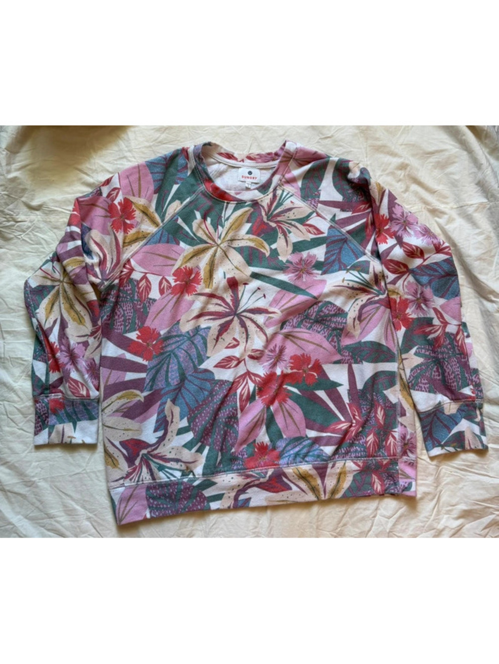 Sundry Pink Tropical Floral Long Sleeve Pullover 2/M Boho Coastal Coquette